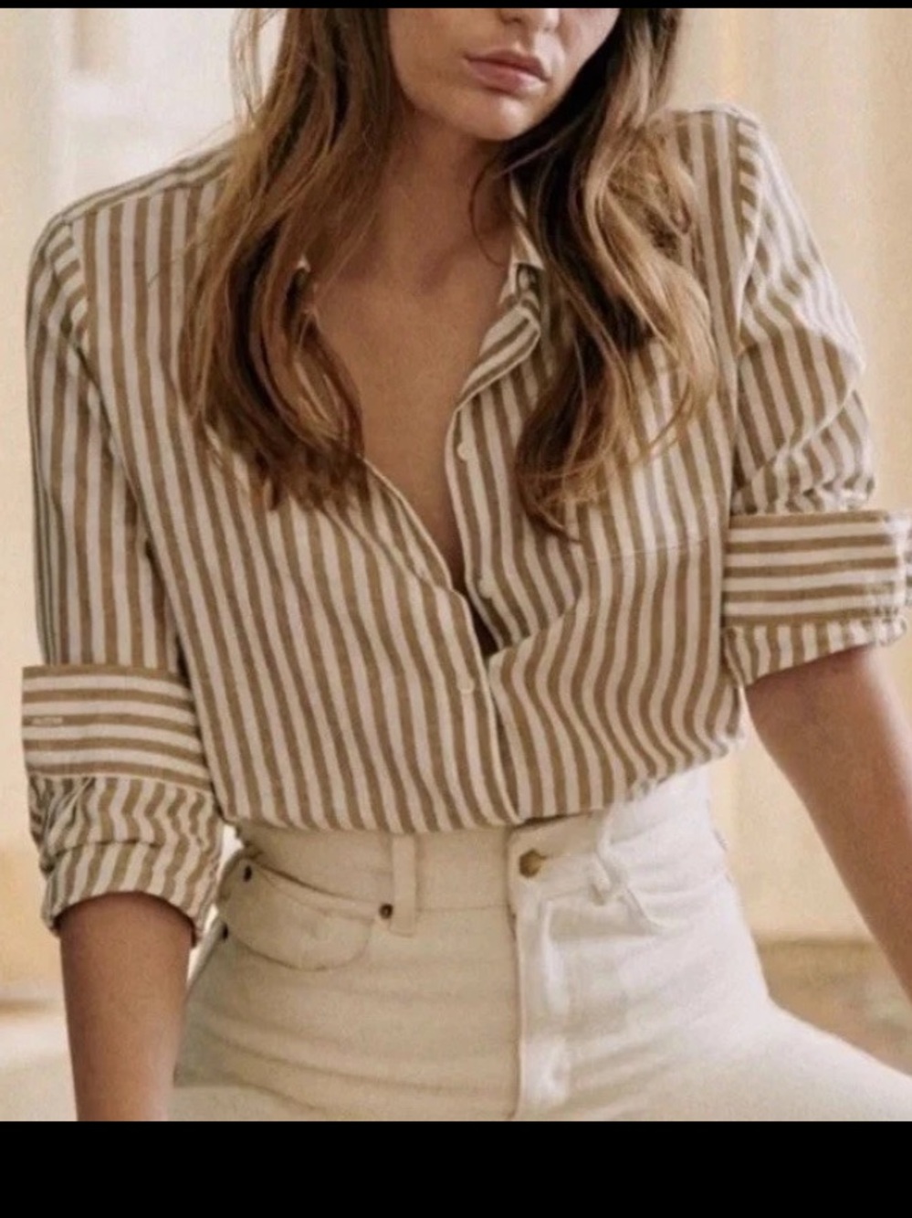 Sézane Max Tomboy shirt in Camel-Ecru stripes Cotton Linen Size 34 EUC!